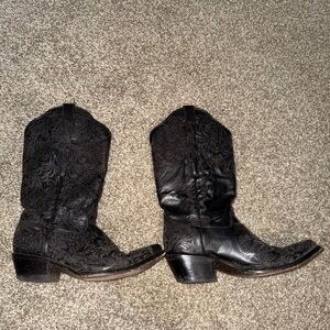 Elegant Black Embossed Heeled Boots